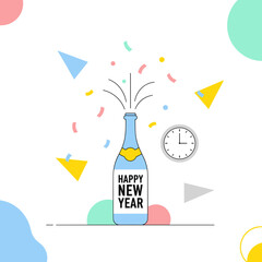 New Year champagne bottle with confetti and clock illustration  