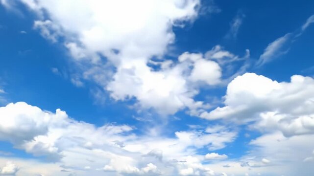 Pristine white, fluffy cumulus clouds slowly drift and morph across a vibrant cerulean sky in a captivating time-lapse video, illuminated by bright daylight. Concept of serene natural grandeur