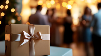 A tan gift box with a ribbon sits on a table, with blurred figures and glowing lights in the background, capturing the anticipation and excitement of a special event.