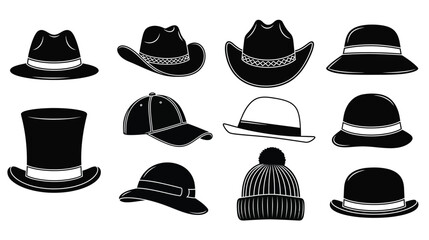 A collection of various black and white hat silhouettes displayed in a row