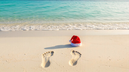 Christmas in warm countries, featuring Santa hat and footprints on the beach, ideal for travel marketing