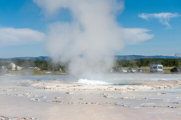 Eruption of the Great Fountain Geyser in Yellowstone National park.