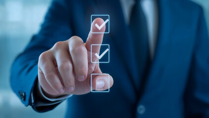 Businessman s finger selecting checklist items on a futuristic digital interface