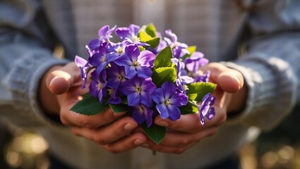 Hands of April in a gentle magical mood holding out a bouquet of violets against a soft fairytale background