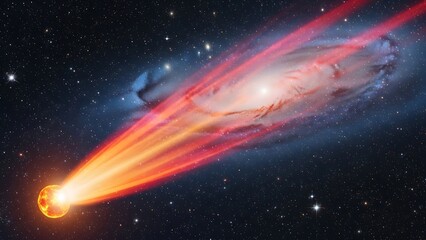 Dynamic astronomical event showing a brilliant star ejecting powerful energy beams toward a distant swirling galaxy