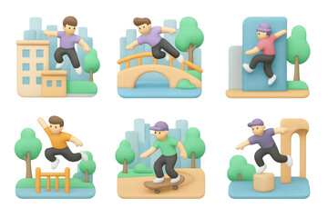 Creative parkour icons for modern design - dynamic illustration set featuring artistic jumping poses