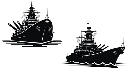 Illustrative depiction of two black silhouette battleships sailing on water waves © MdRabby