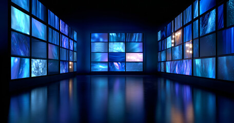 Modern digital art gallery with multiple illuminated blue abstract screens displayed on walls in a dark reflective room