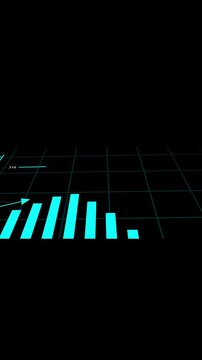 Futuristic network bar graph. Vertical video seamless tech visualization. Futuristic teal bar graph animation. Vertical video neon glow data visualization.