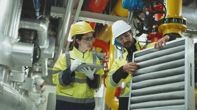 Engineer utilizing technical expertise for diagnostics and visual check of vital pipelines within the massive cooling apparatus.