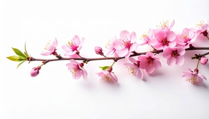 Cherry Blossom Branch with Pink Flowers and Buds on White Reflective Surface in Springtime Display