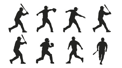 Baseball players in various action poses depicted as black silhouettes