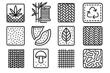 Eco-Friendly Textile Icons. Green Textile Alternatives linear set: hemp fabric tile, bamboo thread sample, linen weave strip, recycled poly-fiber patch, cork cloth square,