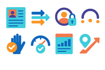 Health Data Icons. Health data transparency flat set: patient record tile, data flow bar, access log node, audit trail arc, consent icon, verification gauge, report panel, outcome