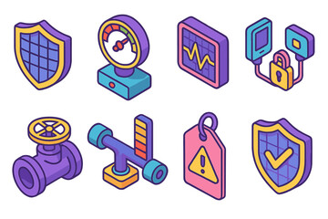 Utility Resilience Icons. Critical utility resilience flat isometric set: grid shield icon, pressure monitor unit, fault scan tile, secure comms link, valve controller, flow meter