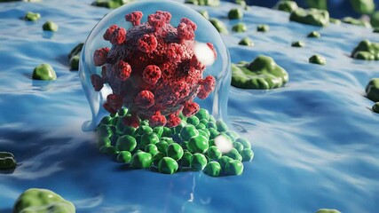 Viruses gathering near the cell surface, forming clusters ready for release. Membrane proteins rearrange gently, creating exit pathways
