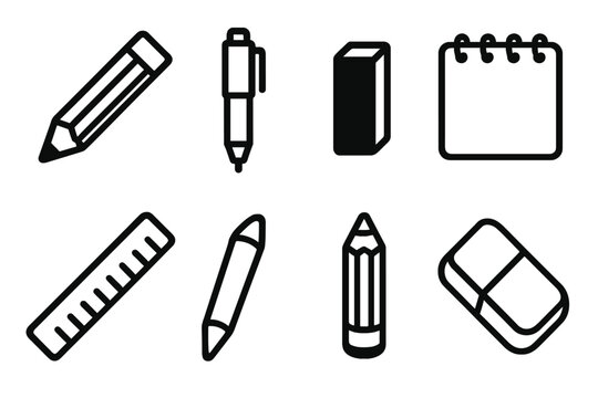 Art Tools Icons. Illustration toolset linear set: pencil tile, fineliner tile, charcoal bar, eraser tile, sketchbook node, ruler strip, blending stump, colored pencil tile.