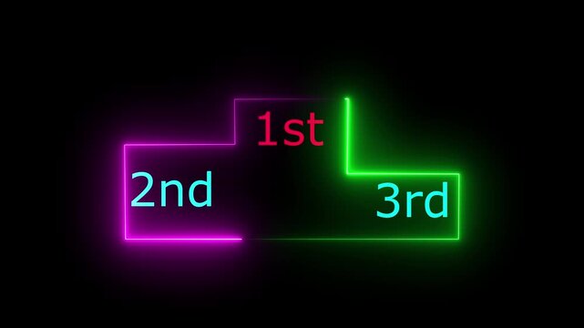 Glowing neon winner podium animation featuring 1st, 2nd, and 3rd place icons in vibrant magenta, creating a bold award and victory display on a sleek dark black background.