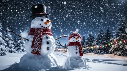 Two snowmen with red scarves and top hat in snowy winter night forest with falling snow and christmas lights christmas tree lights - Powered by Adobe