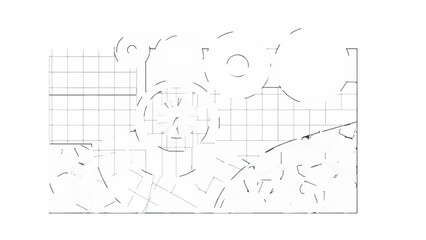 Vector line art blueprint drawing of abstract mechanical gears on grid graph paper background