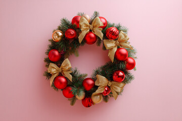 Christmas wreath on a pink background.