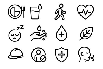 Self-Care Icon Set. Prevention & Self-Care Icons linear set: meal balance, water icon, gentle exercise, heart wellness, sleep symbol, hygiene wash, disinfect drop, stress leaf,