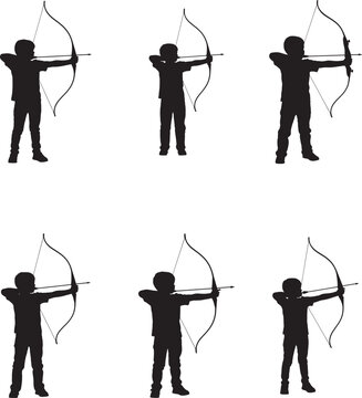 Silhouettes of children practicing archery with bows and arrows in various poses