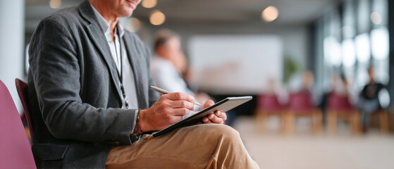 Close-up of a mature man in business casual attire using a digital tablet with stylus during a meeting in a modern environment