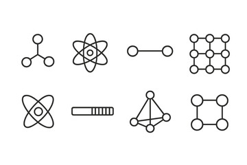 Atomic Icon Patterns. Atomic-level pattern networks linear set: atom node tile, electron cloud ring, bonding pathway bar, lattice point, orbital arc, charge distribution strip,