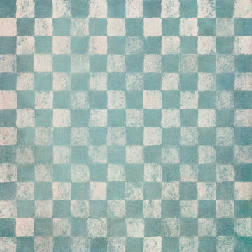 Hand painted turquoise and ivory vintage style chequerboard pattern. Not seamless. Checkerboard textured pattern with geometric squares. Vintage style background.