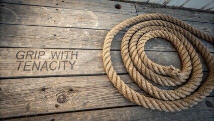 Obraz premium Coiled Rope Resting on a Weathered Wooden Surface