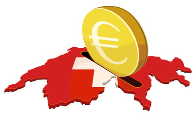 Switzerland flag map acting as a piggy bank receiving a giant golden euro coin. Concept for foreign investment, Swiss finance, or taxation. (cut out)