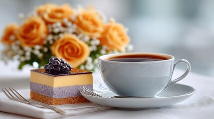 Fototapeta premium A cake sits atop a plate, next to a cup of coffee and another plate with a cake