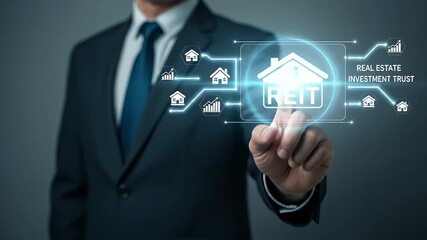 Businessman Touching Digital Reit Icon In Blue Toned Room, Business Concepts, Real Estate Investment Trust Icon On Glass Screen, dark suit, conceptual technology