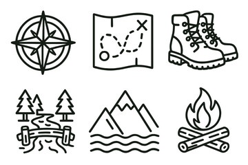 Fototapeta premium Adventure Icons Collection. Adventure & exploration linear set: compass rose, trail map, hiking boots, river crossing, mountain peak, campfire.