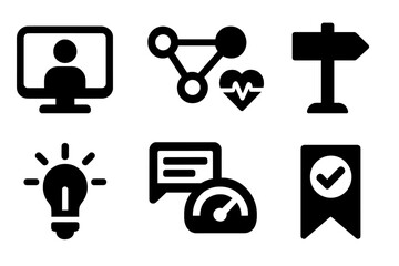 Virtual Care Icons. Virtual care networks silhouette set: tele-visit tile, patient link node, health metrics bar, guidance icon, reminder light, messaging panel, monitoring arc,