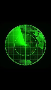 Earth globe rotating radar. Vertical video seamless detection system animation. Futuristic world map scan. Vertical video spy satellite tracking motion.