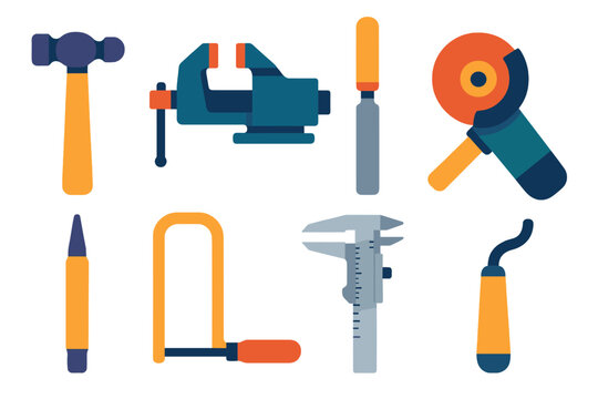 Modern Metalworking Tools. Metalworking tools flat set: ball-peen hammer, bench vise, metal file, angle grinder, center punch, hacksaw, caliper, deburring tool.