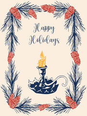 Whimsical vintage Christmas card with a candleholder  n delicate coquette style and festive colors. Hand drawn illustration for greeting cards, invitations, holiday design, posters