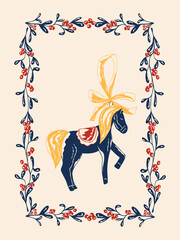 Whimsical vintage Christmas card with a rocking horse in delicate coquette style and festive colors. Hand drawn illustration for greeting cards, invitations, holiday design, posters