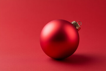 Christmas tree decoration: red matte ball on a red background. Christmas background with ornament.