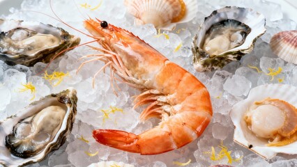 Luxury Mix of Seafood (Prawns, Scallops, Oysters) on Ice