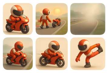 Cartoon motorcycle track icons with racer in simple composition for design and decoration