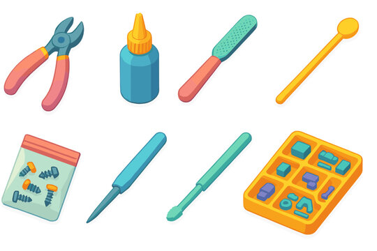 3D Model Toolset Icons. Model Assembly Essentials flat isometric set: sprue cutter, modeling glue, shaping file, paint mixer stick, tiny screws pack, decal applicator tool,