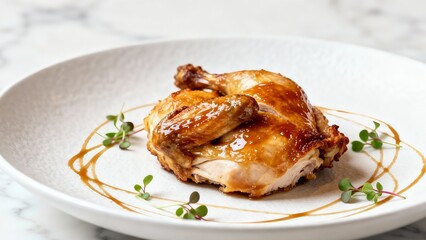 legantly Plated Crispy Skin Chicken Served with a Sweet Brown Sauce and Garnish
