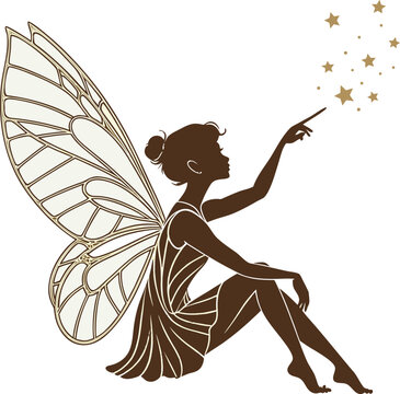 Elegant Silhouette of a Sitting Fairy with Wand and Magic Stars