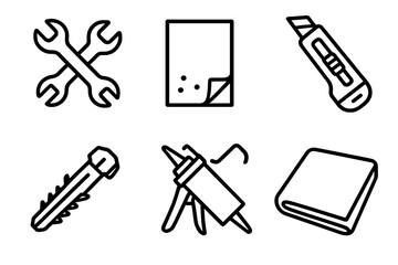 Fototapeta premium Home Repair Tools. Home Repair Fundamentals linear set: wrench pair, sandpaper sheet, utility knife, wall anchor, sealing caulk, repair cloth.