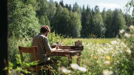 Fototapeta premium Man writes at a wooden table in a meadow surrounded by trees and flowers during the day