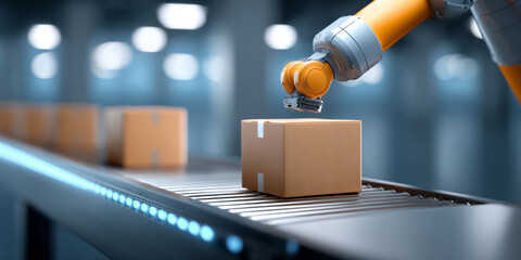 Automated robotic arm placing cardboard boxes on conveyor belt in modern warehouse with blurred background