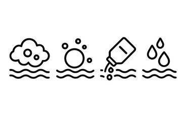 Fototapeta premium Marine Pollution Icons. Marine Pollution Fields linear set: chemical-haze node, suspended-particle arc, contaminant-flow bead.